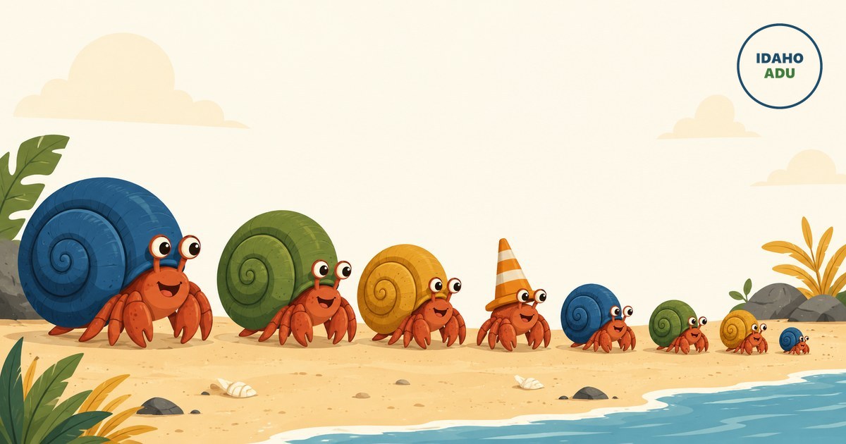 A line of cartoon hermit crabs on a beach, ordered largest to smallest, trading snail-shell homes; one wears an orange traffic cone instead of a shell.